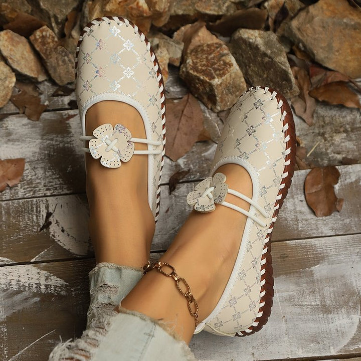 Damen nan flache Mokassin-Ballerina mit Paisley-Laserprint elastischem Kordelverschluss handgenähter Rahmennaht und flexibler profilter Laufsohle Drune