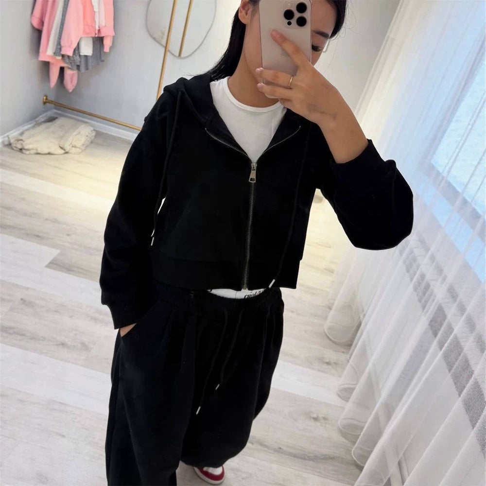 Damen Lässiges Kapuzen‑Sweatset mit Reißverschluss und weitem Jogger‑Schnitt Drune