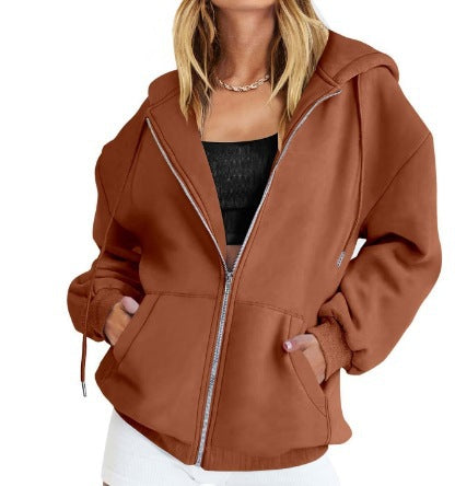 Damen nan oversized Zip-Kapuzenjacke mit kontrastierendem Reißverschluss, doppellagiger Kapuze und Kängurutasche Drune
