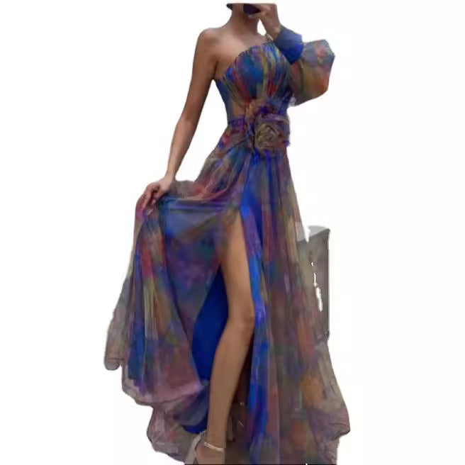 Damen Elegantes Maxi-Kleid mit asymmetrischem Design und floralen Akzenten Drune