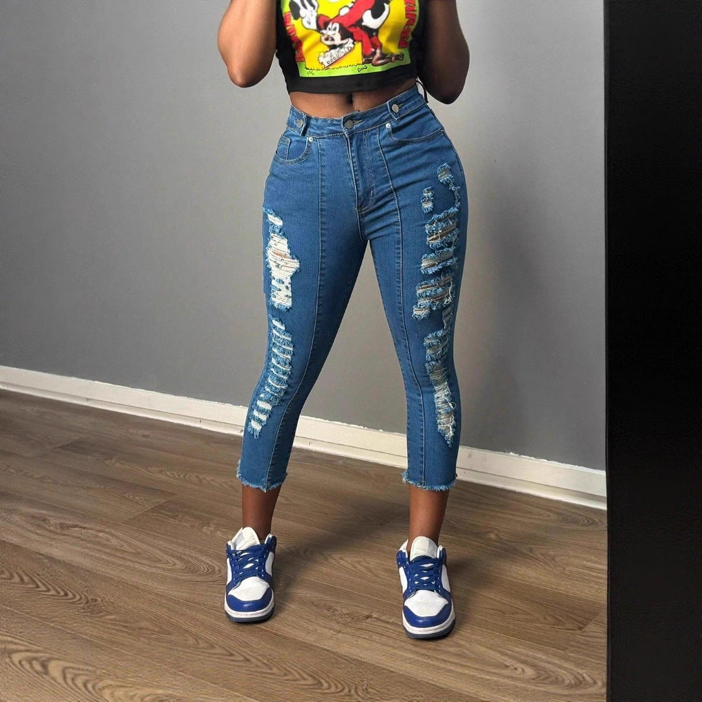 Damen hochgeschnittene knöchellange Skinny-Jeans mit großzügigen Zerrdetails und rohem Saum Drune