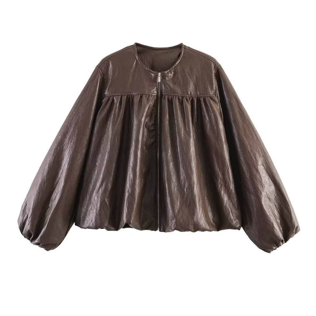 Damen Kurzblouson aus Kunstleder mit geraffter Yoke und Balloon-Ärmeln Drune