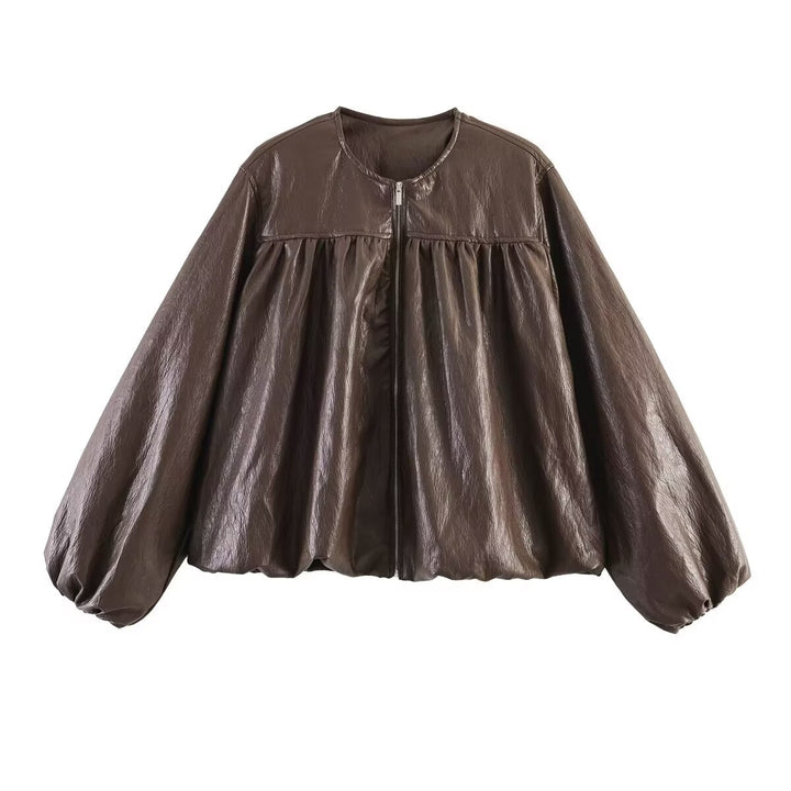 Damen Kurzblouson aus Kunstleder mit geraffter Yoke und Balloon-Ärmeln Drune