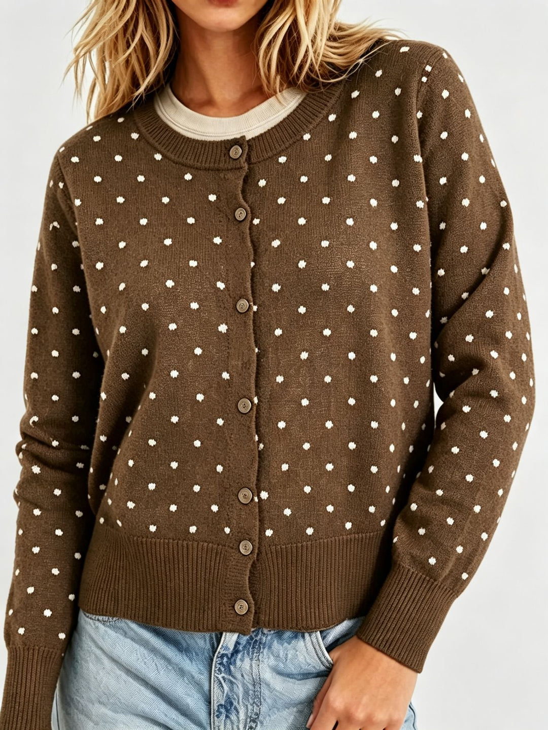 Damen Gepunktete Feinstrick-Cardigan mit Rundhals und Rippbündchen Drune
