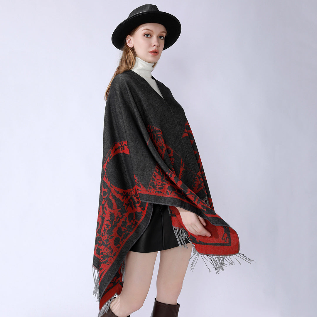 Damen Wendbarer Feinstrick-Poncho mit Jacquardmuster und Fransensaum Drune