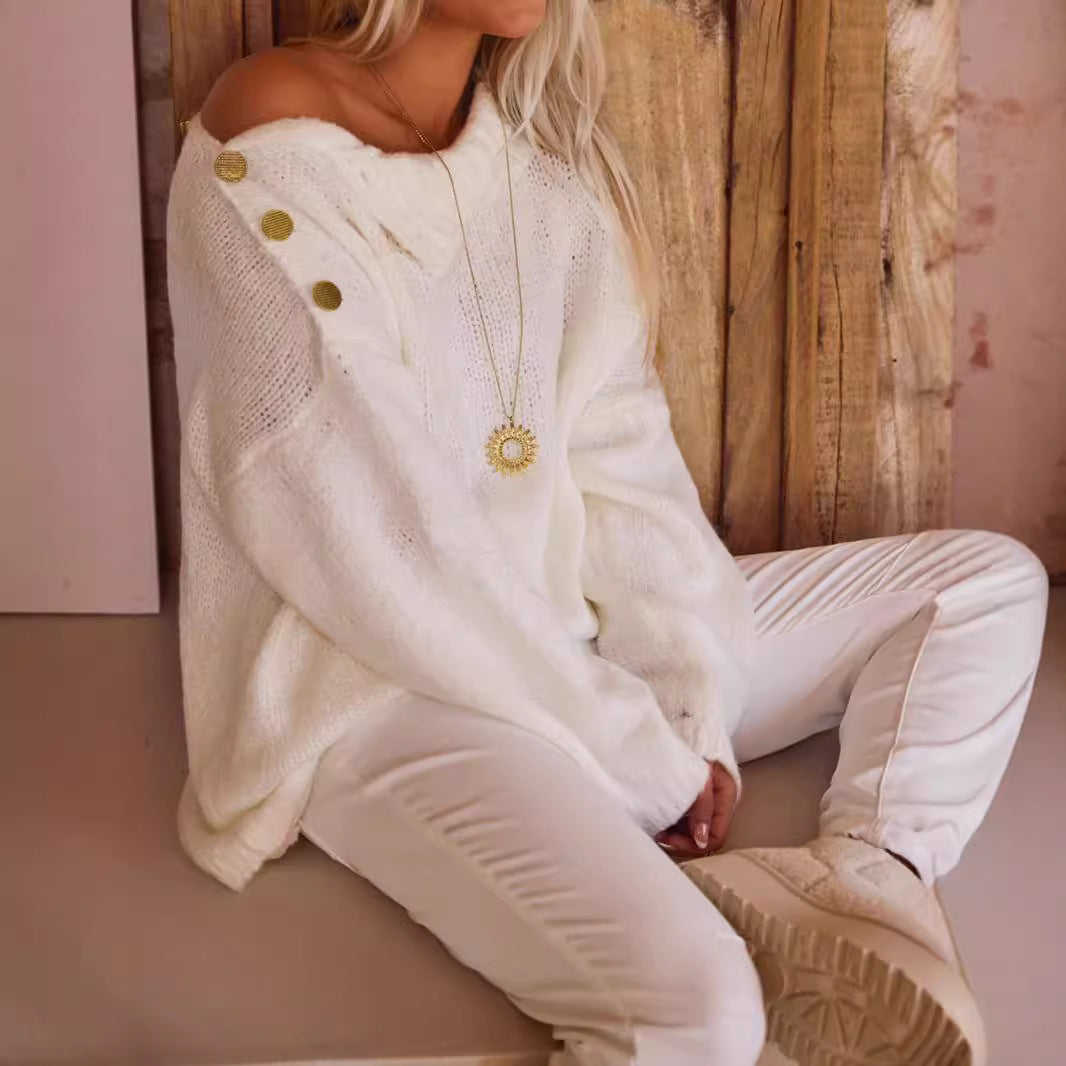 Damen Oversized Strickpullover mit hohen Kragen und dekorativen Knöpfen Drune