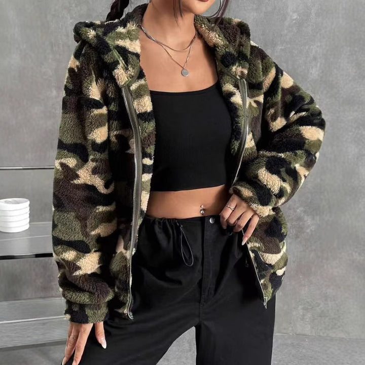 Damen Teddy-Fleece Kapuzenjacke im Camouflage-Look Drune