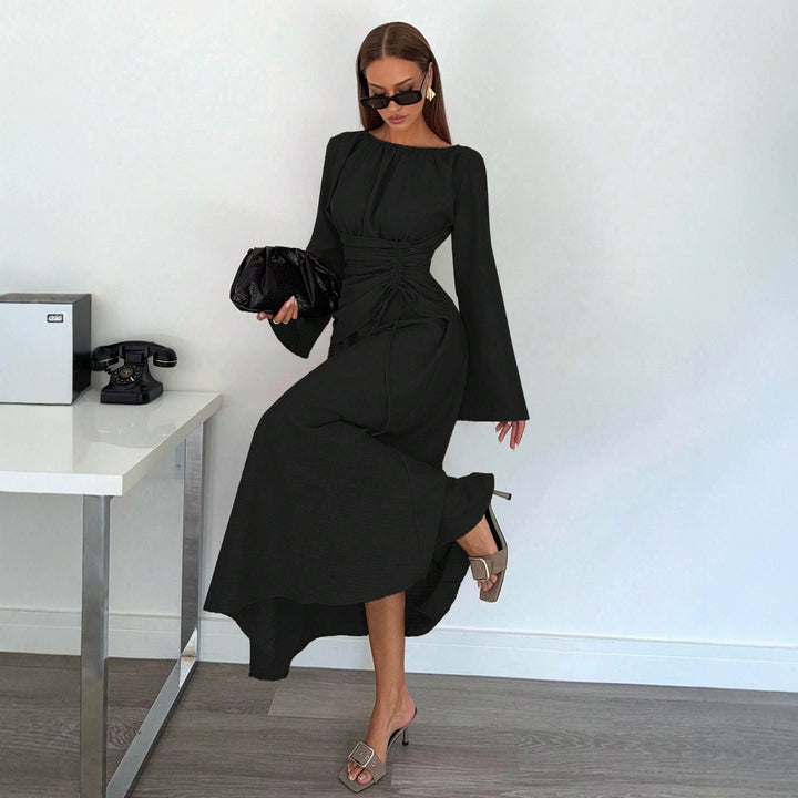 Damen Maxikleid mit geraffter Taillen-Schnürung, weiten Ärmeln und fließendem Rock Drune