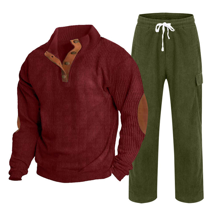 Herren nan Strick-Freizeitset mit Knopfleiste und Ellenbogenaufnähern sowie Cord-Cargohose Drune