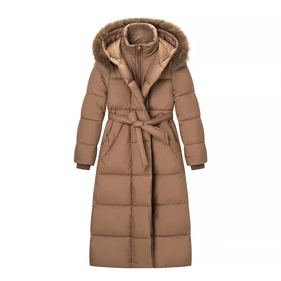 Damen nan lang geschnittener Thermosteppmantel mit separater Innenjacke, Kapuze und Bindegürtel Drune