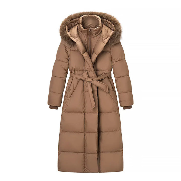 Damen nan lang geschnittener Thermosteppmantel mit separater Innenjacke, Kapuze und Bindegürtel Drune