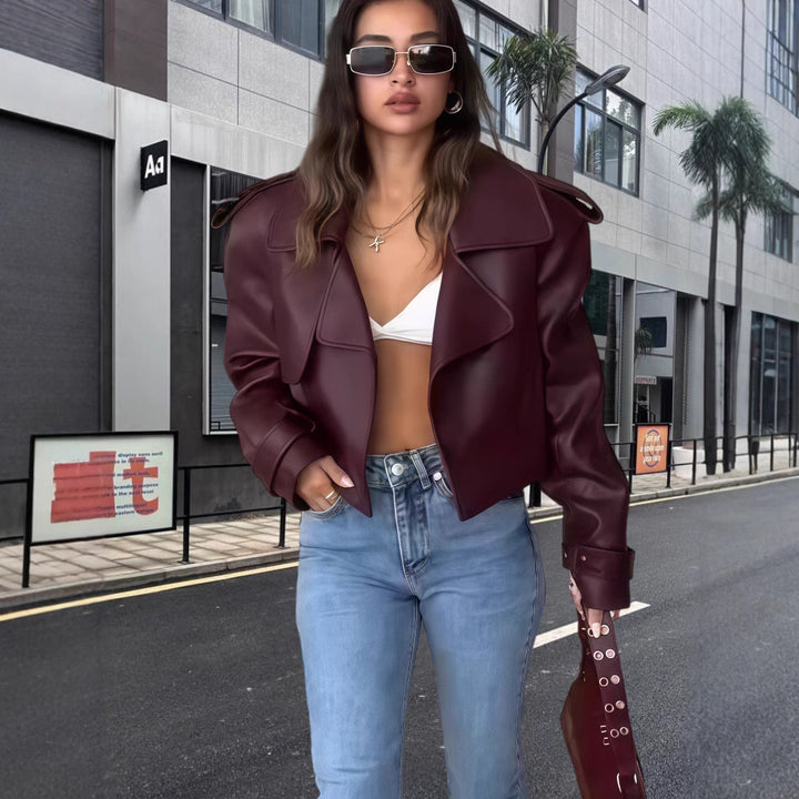 Damen oversized Kunstlederjacke im modernen Biker-Stil mit dekorativen Details Drune