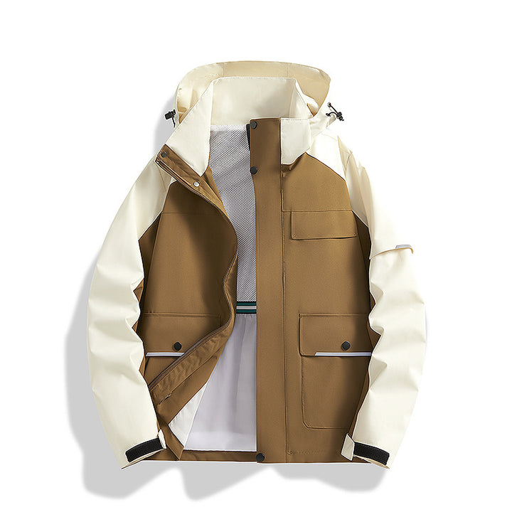 Herren dreilagige Trekkingjacke mit verschweißten Nähten, Kapuze und Multifunktionstaschen Drune