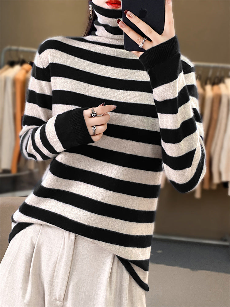 Damen Lässiger gestreifter Rollkragenpullover aus Wollmix mit legerer Passform Drune