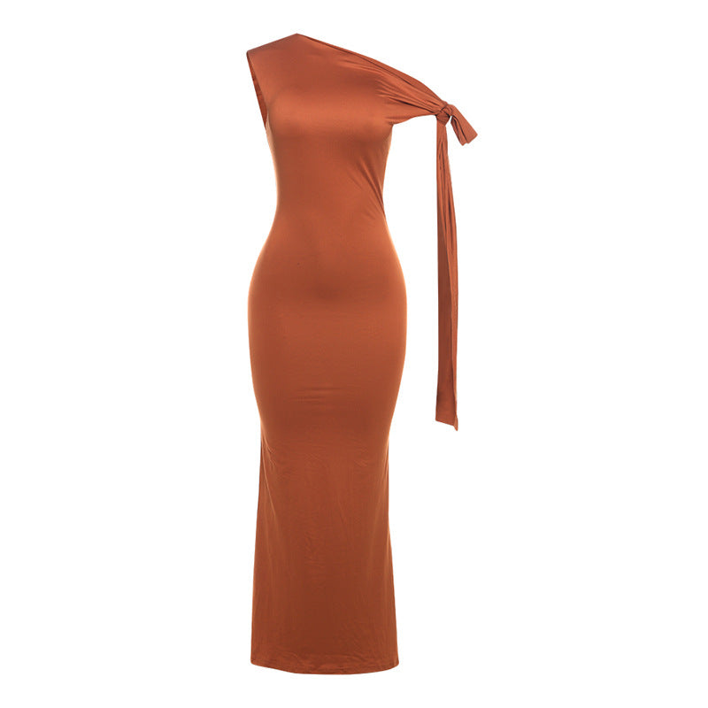 Damen Elegantes figurbetontes One-Shoulder-Maxikleid mit Schleife Drune