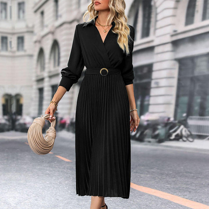 Damen Plissiertes Wickel-Midikleid mit Hemdkragen, Taillengürtel und langen Manschettenärmeln Drune