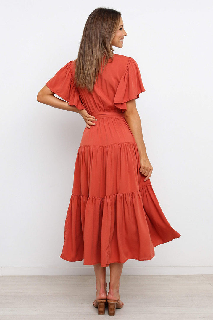 Damen Maxikleid mit tiefem V-Ausschnitt und schwingenden Ärmeln Drune