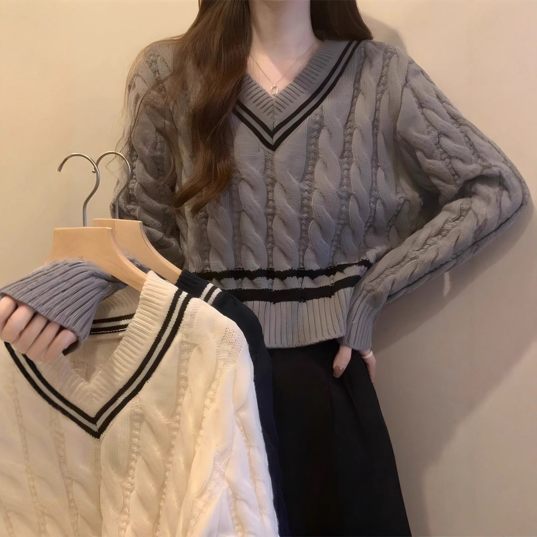 Damen modischer Strickpullover mit V-Ausschnitt und Zopfmuster Drune