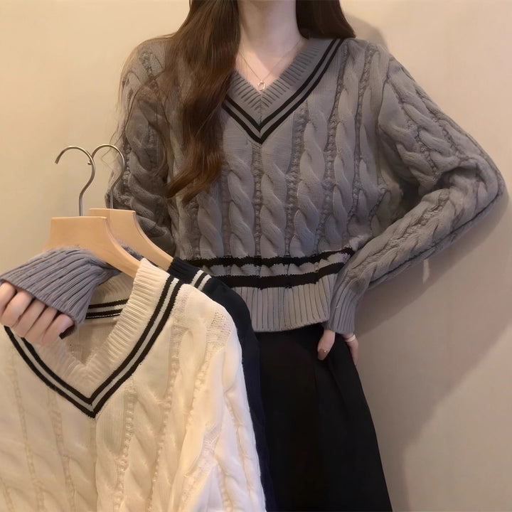 Damen modischer Strickpullover mit V-Ausschnitt und Zopfmuster Drune