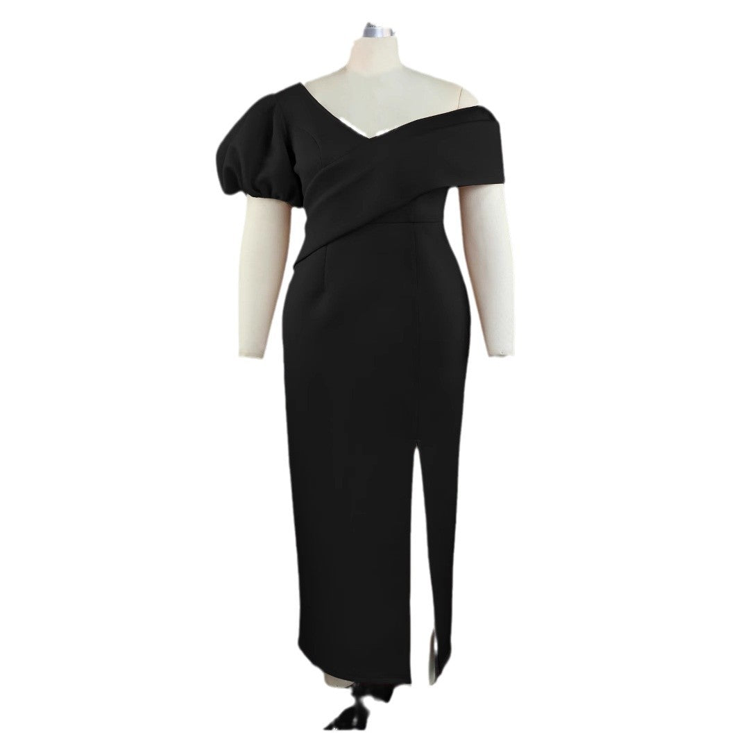 Damen Elegantes, figurbetontes Abendkleid mit asymmetrischem Ausschnitt und Puffärmeln Drune