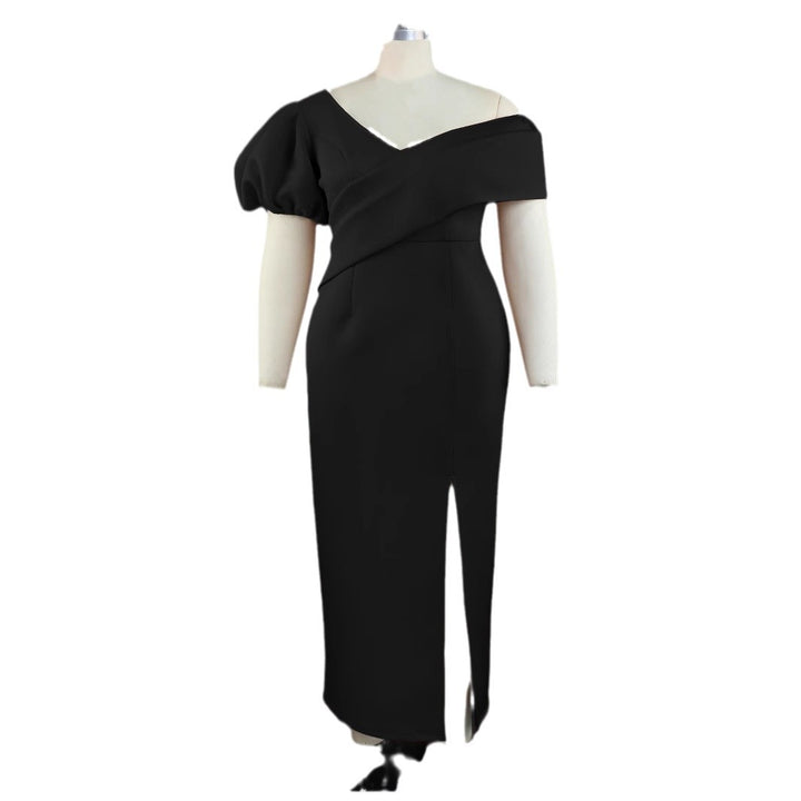 Damen Elegantes, figurbetontes Abendkleid mit asymmetrischem Ausschnitt und Puffärmeln Drune