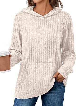 Damen kuscheliger Hoodie mit geripptem Design und praktischer Kängurutasche Drune