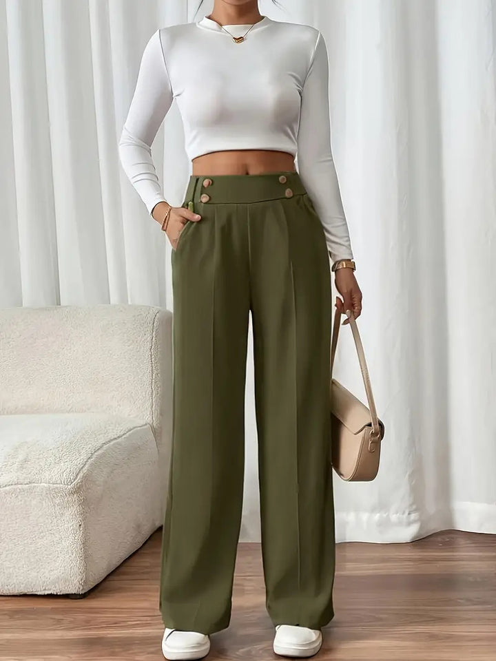 Damen Klassische weite Hose mit Knopfleiste und Taschen Drune