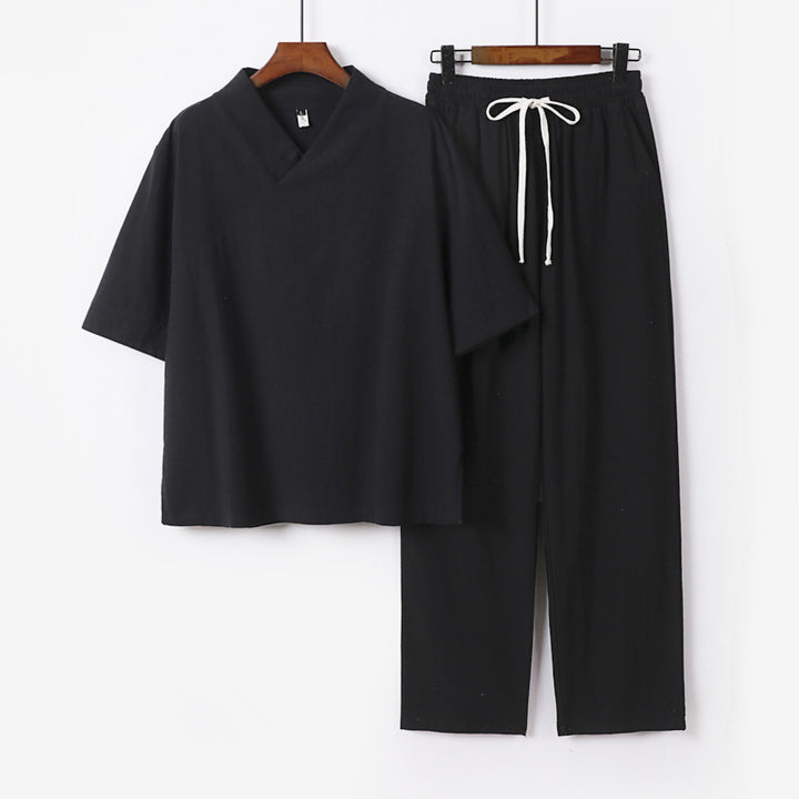 Unisex Leichtes Kimono-Loungewear-Set mit V-Ausschnitt und Tunnelzug-Hose Drune