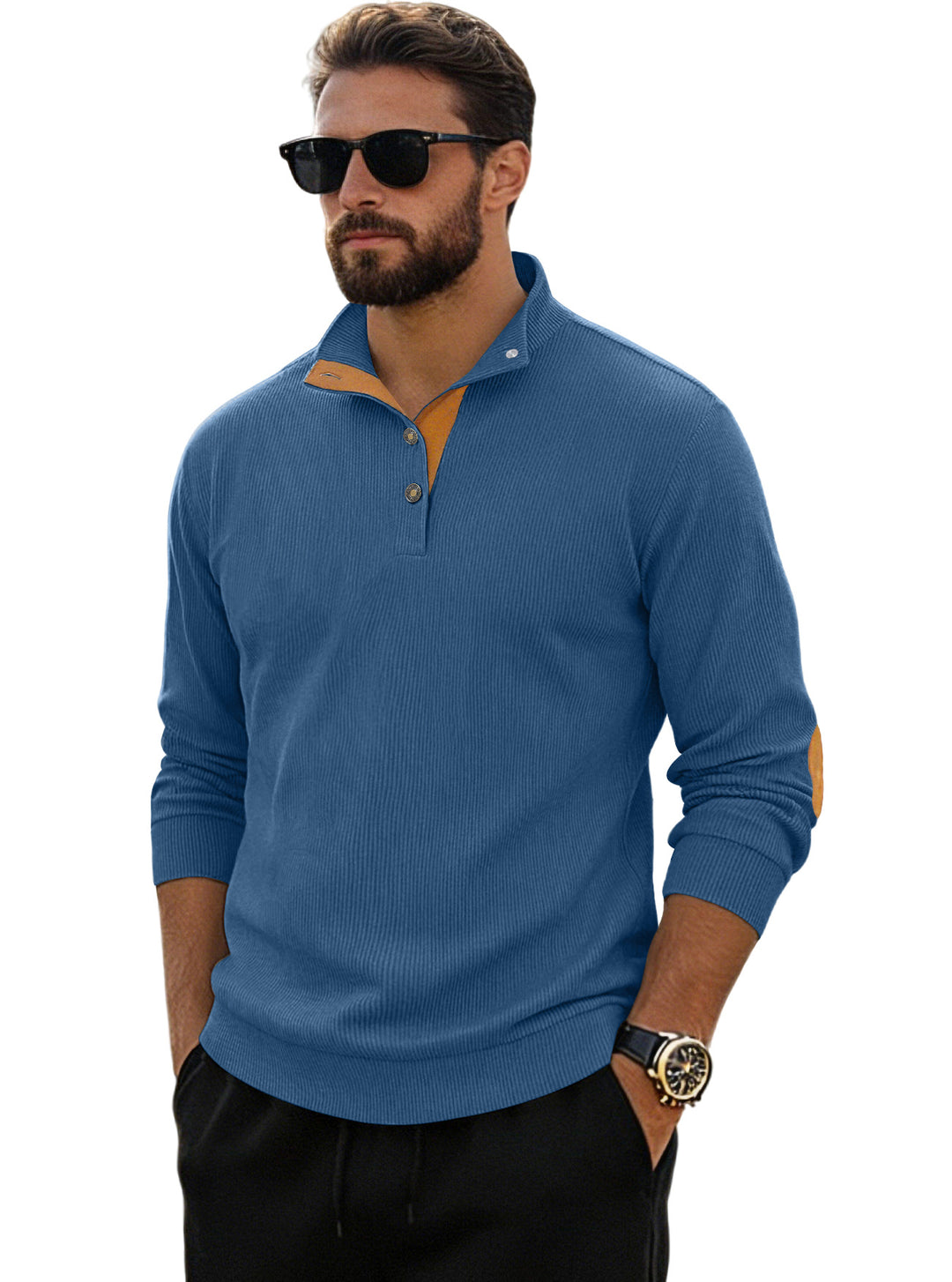 Herren nan fein gerippter Strickpullover mit Polokragen Knopfleiste und Ellenbogenbesatz Drune