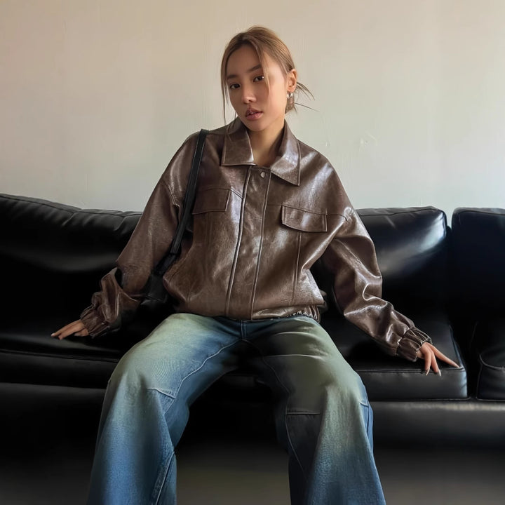 Damen Lässige oversized Kunstlederjacke mit praktischen Taschen Drune