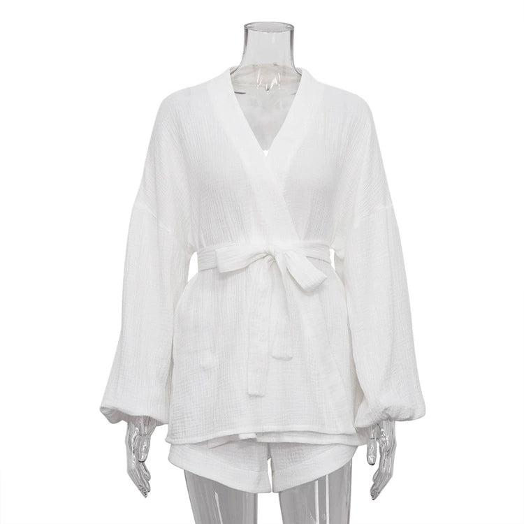 Damen Kimono-Morgenrobe aus leichtem Baumwollstoff mit Taillengürtel und weit geschnittenen Ärmeln Drune