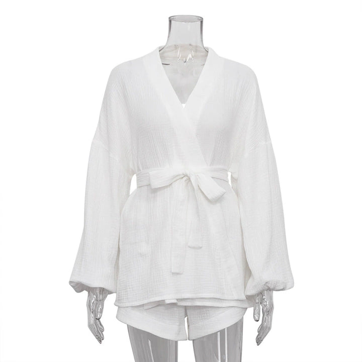 Damen Kimono-Morgenrobe aus leichtem Baumwollstoff mit Taillengürtel und weit geschnittenen Ärmeln Drune