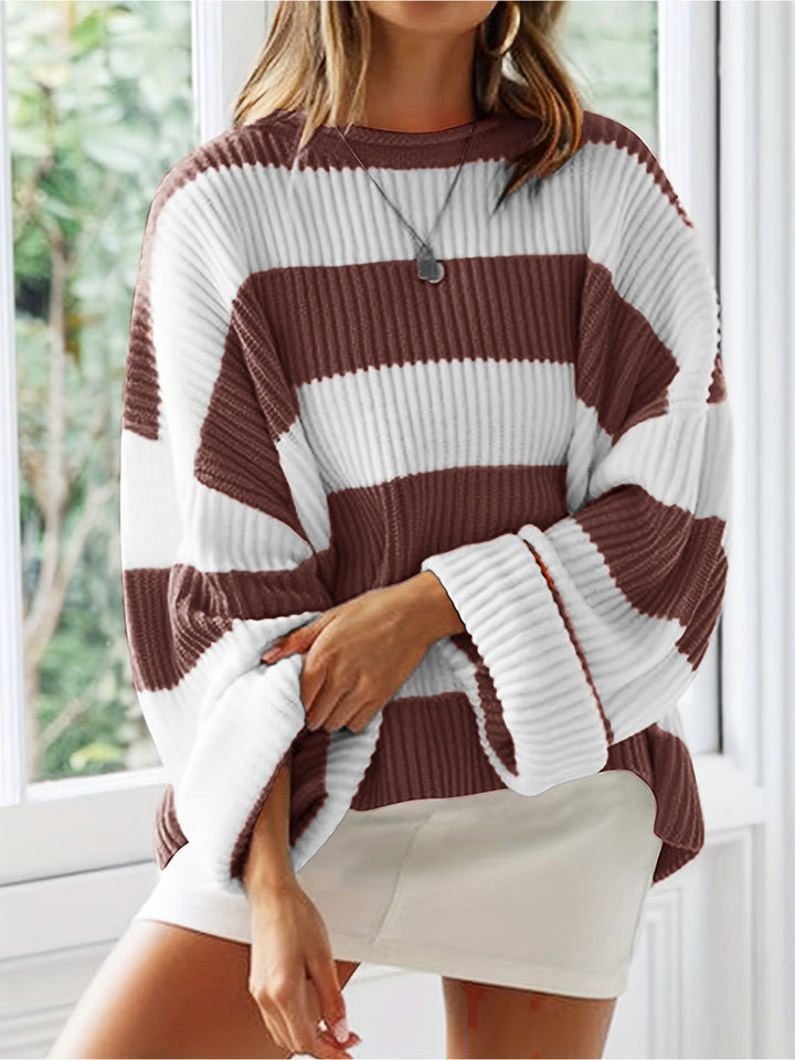 Damen lässiger Strickpullover mit breiten Streifen und lockerer Passform Drune