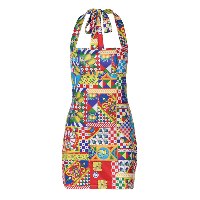 Damen Buntes Kochkleid mit Halterneck und verspielten Mustern Drune