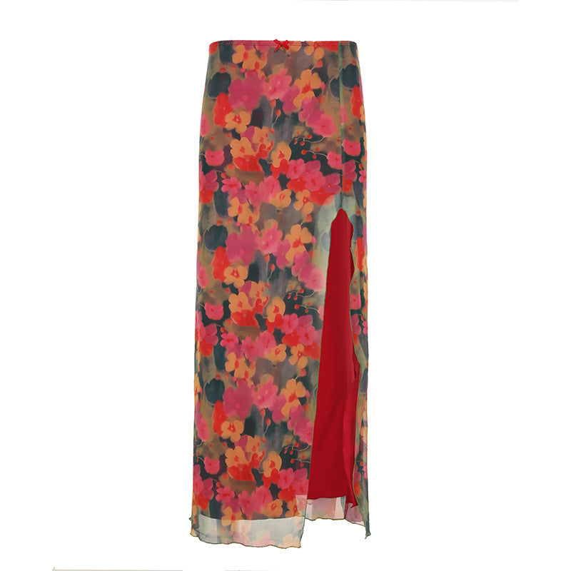 Damen Maxirock mit Chiffon-Overlay, floraler Allover-Print und hohem Seitenschlitz Drune
