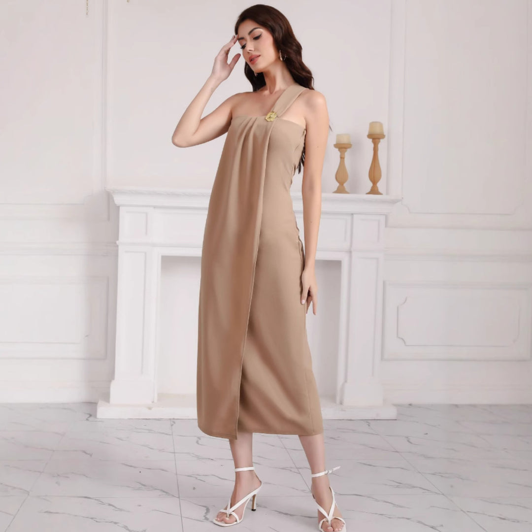 Damen elegantes schulterfreies Maxikleid mit Dekorativem Detail Drune