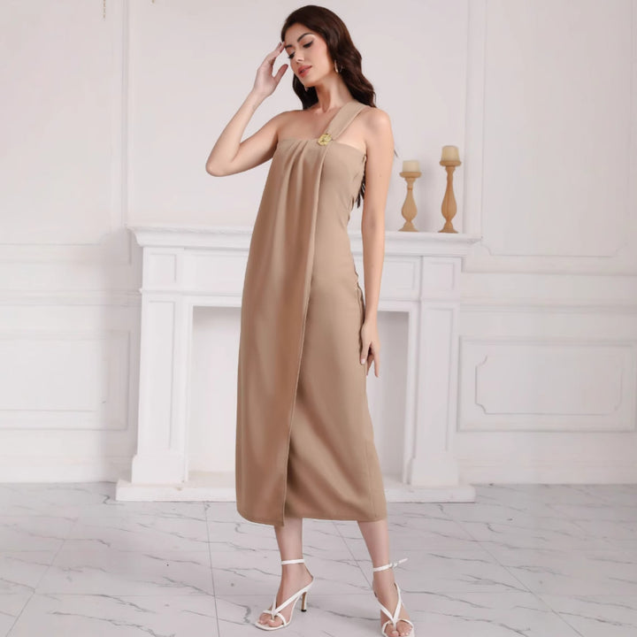 Damen elegantes schulterfreies Maxikleid mit Dekorativem Detail Drune
