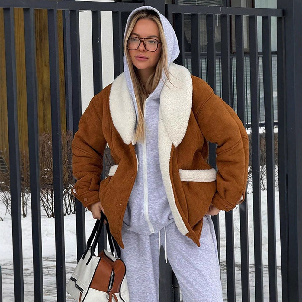 Damen Oversized Lammfellimitat Jacke mit großem Schalkragen Drune