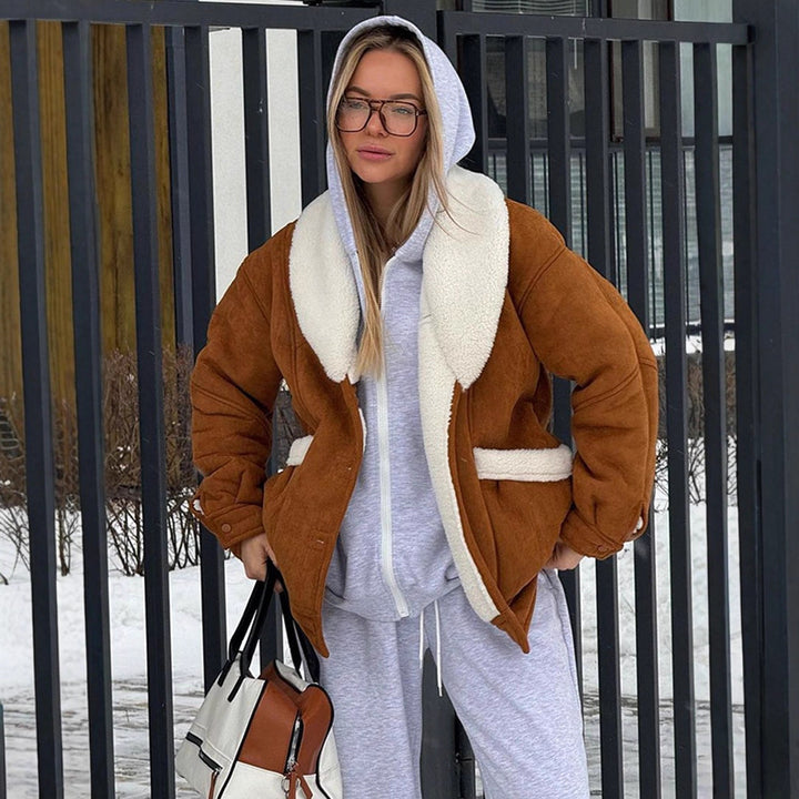 Damen Oversized Lammfellimitat Jacke mit großem Schalkragen Drune