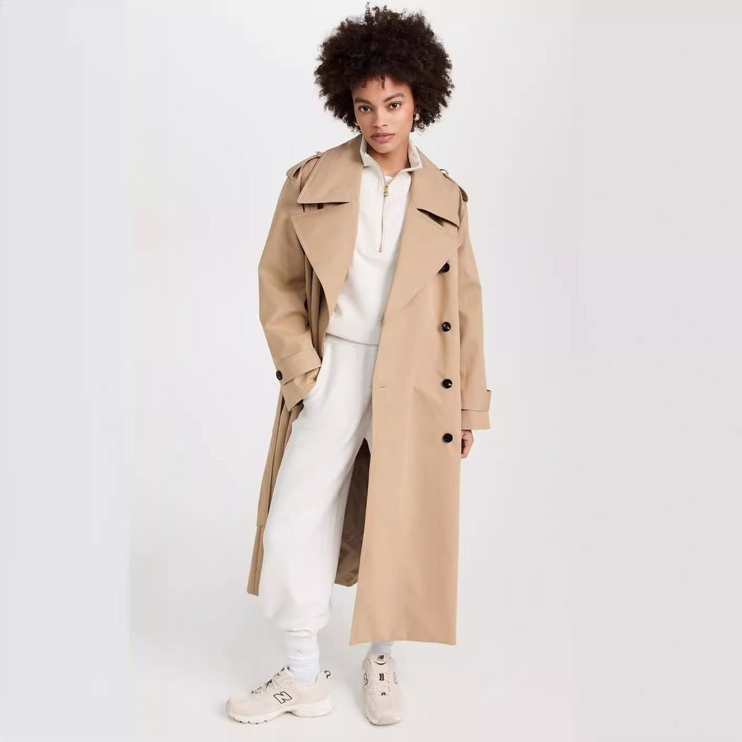 Damen Langer Trenchcoat aus Baumwollmix mit doppelreihiger Knopfleiste, Taillengürtel und Schulterklappen Drune