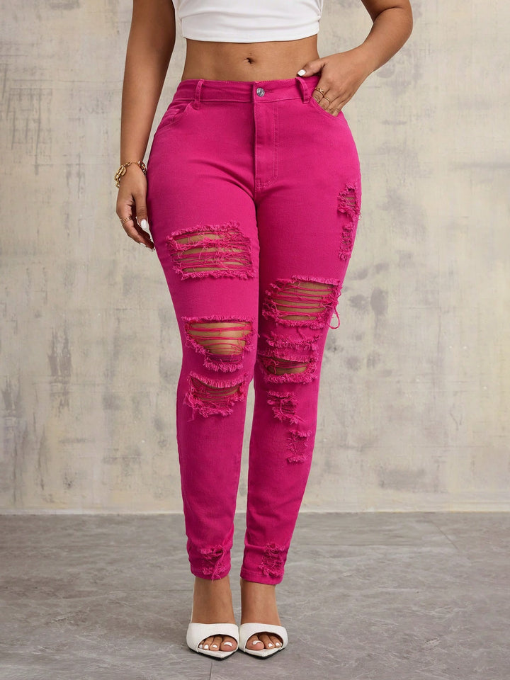 Damen lässige Skinny Jeans mit Destroyed-Details und hohem Bund Drune