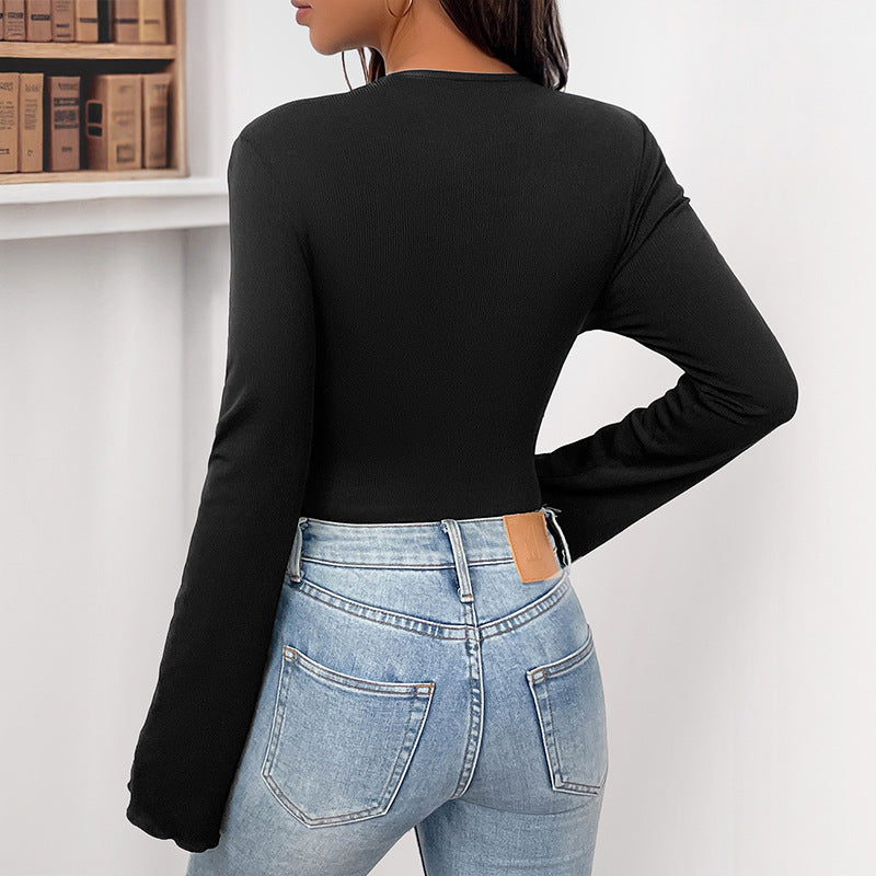 Damen Figurbetonter Body mit asymmetrischer Organza-Blütenapplikation und Glockenärmeln Drune