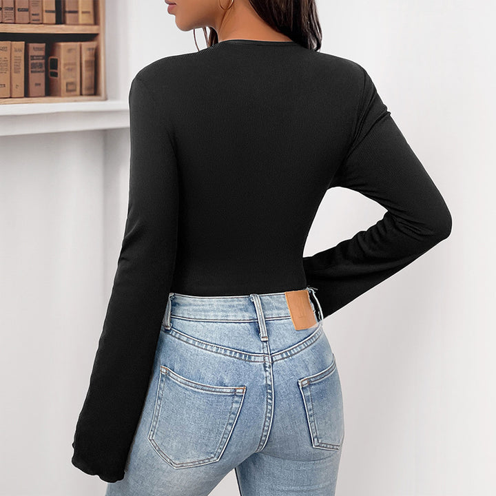 Damen Figurbetonter Body mit asymmetrischer Organza-Blütenapplikation und Glockenärmeln Drune