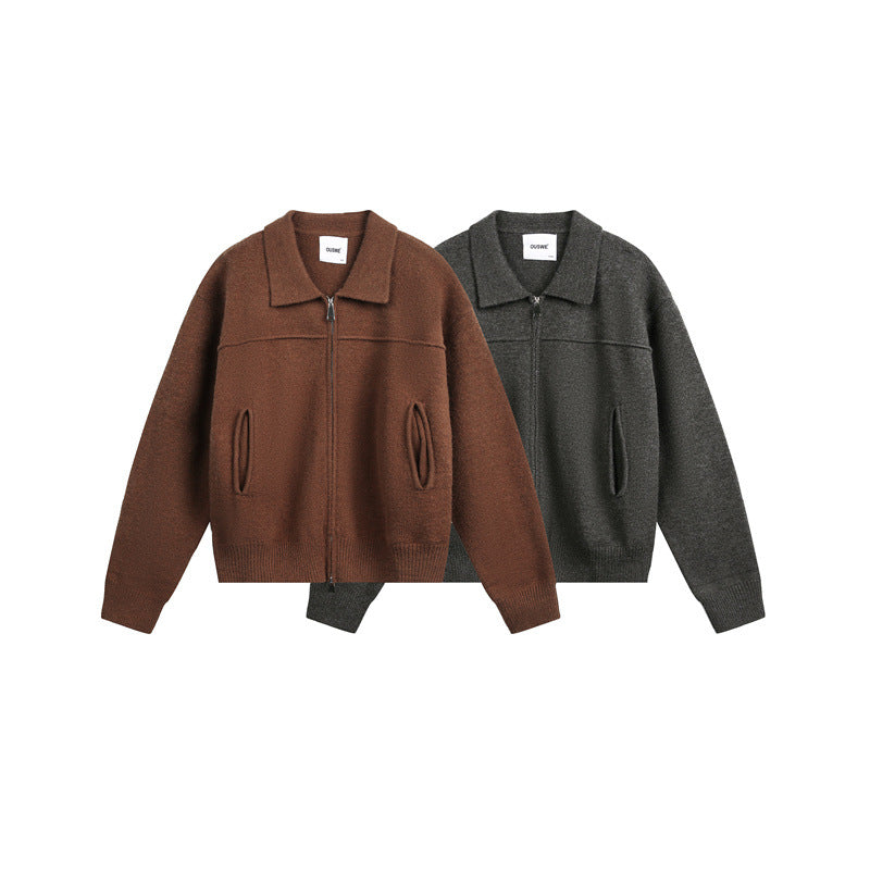 Herren Strick-Zipjacke mit Hemdkragen, Eingrifftaschen und geripptem Saum Drune