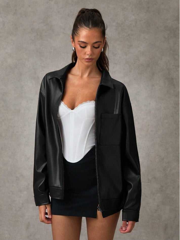 Damen Kunstlederjacke mit oversized Schnitt und praktischer Brusttasche Drune