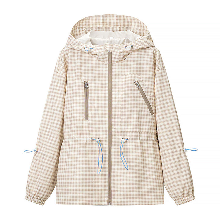 Damen 20+ leichte karierte Kapuzenjacke mit Tunnelzug, Reißverschluss und funktionalen Taschen Drune