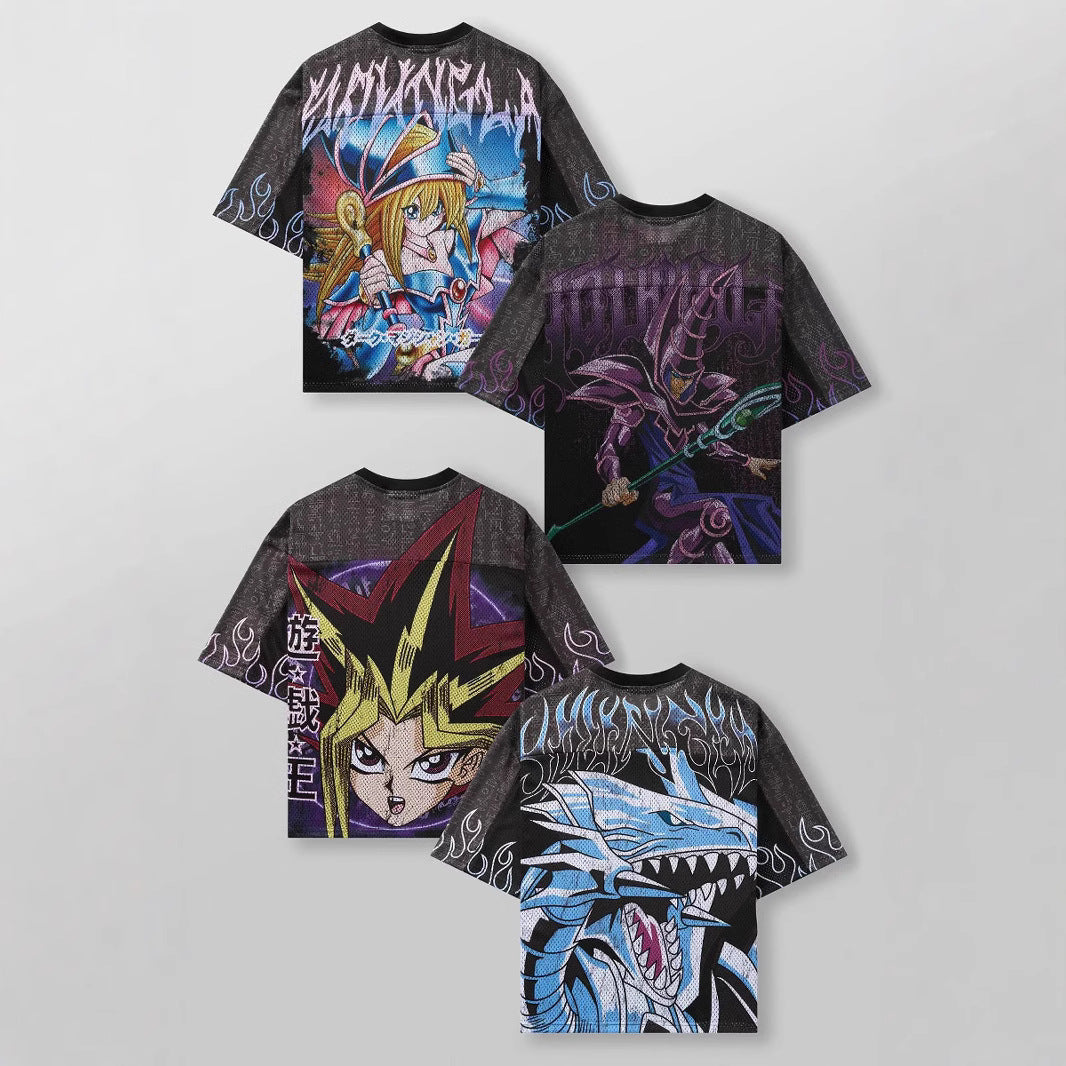 Unisex nan atmungsaktives Netz-Jersey mit großflächigem Anime-Print und V-Ausschnitt Drune
