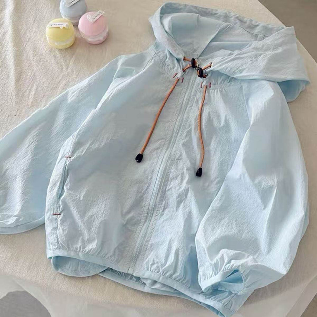 Damen nan leichte Kapuzenjacke Windbreaker mit Kordelzug, elastischem Saum und Reißverschluss Drune