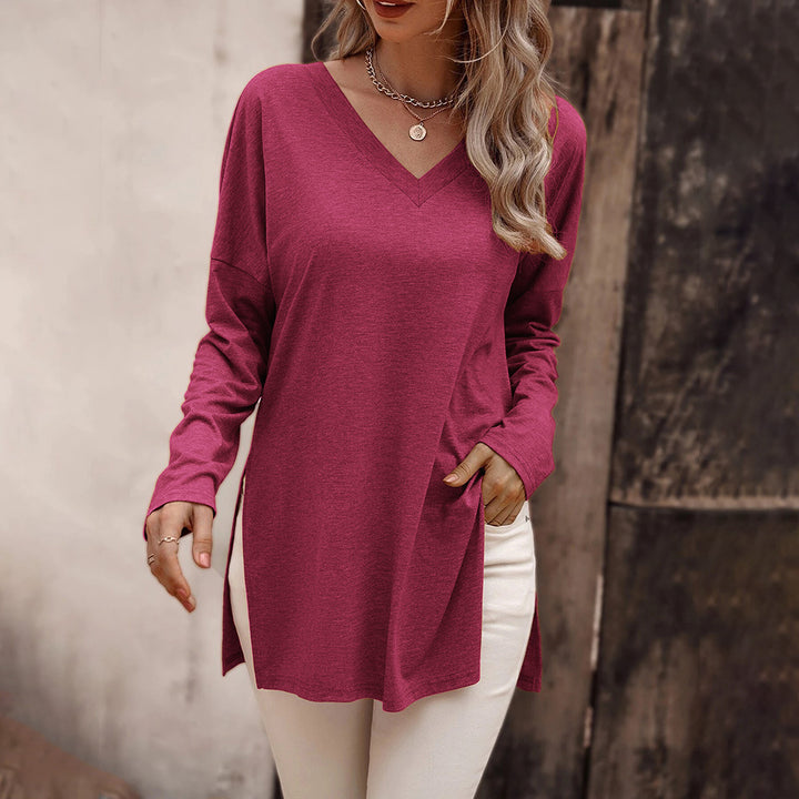 Damen lässige V-Neck Longsleeve-Tunika mit Seitenschlitzen und relaxed Fit Drune