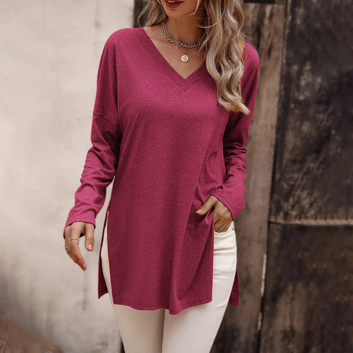 Damen lässige V-Neck Longsleeve-Tunika mit Seitenschlitzen und relaxed Fit Drune